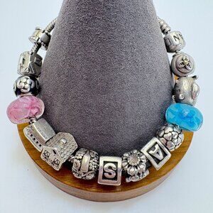VTG Sterling Silver 925 ALE Pandora Charm Bracelets 14 Pandora Charms 8.5"